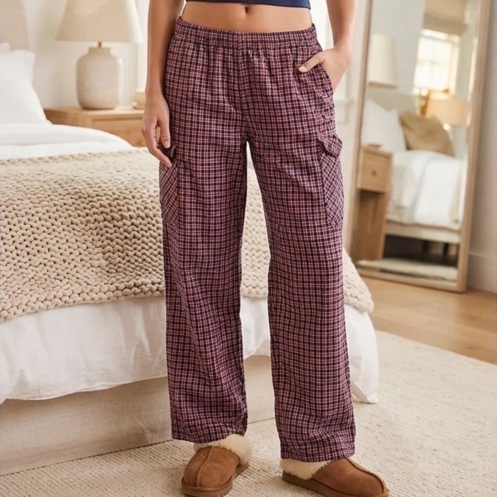 Aerie Womens Plaid Cargo Pajama Pants Red Navy Blue Sleepwear M Short‎